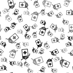 Black Cross hospital medical tag icon isolated seamless pattern on white background. First aid. Diagnostics symbol. Medicine and pharmacy sign. Vector Illustration.