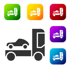 Black Car transporter truck for transportation of car icon isolated on white background. Set icons in color square buttons. Vector Illustration.