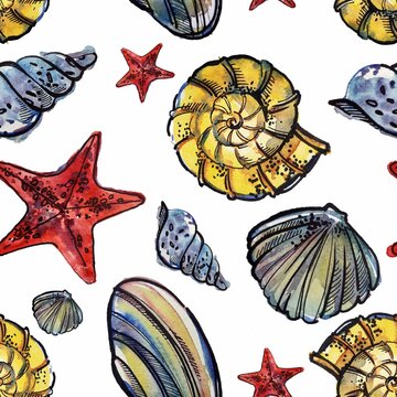 Color watercolor seamless pattern in marine style. Decorative shells, starfish, paint spots isolated on white. Background for printing packaging paper, textiles. Cute hand-drawn illustration.