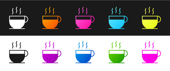Set Coffee cup icon isolated on black and white background. Tea cup. Hot drink coffee. Vector Illustration.
