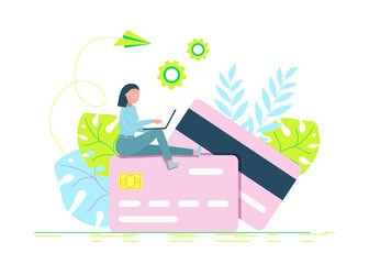 Credit card online payment concept with modern man using laptop to pay, money terminal, and bill