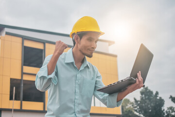 Businessman holding computer inspection construction building estate site