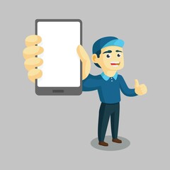 a worker of delivery showing a gadget and give thumb up vector illustration