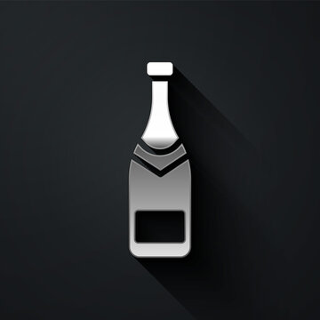 Silver Champagne bottle icon isolated on black background. Long shadow style. Vector Illustration.