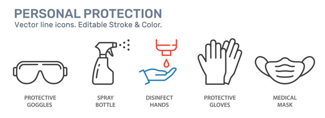 Personal protection line icons set. Black vector illustration. Editable stroke. - obrazy, fototapety, plakaty
