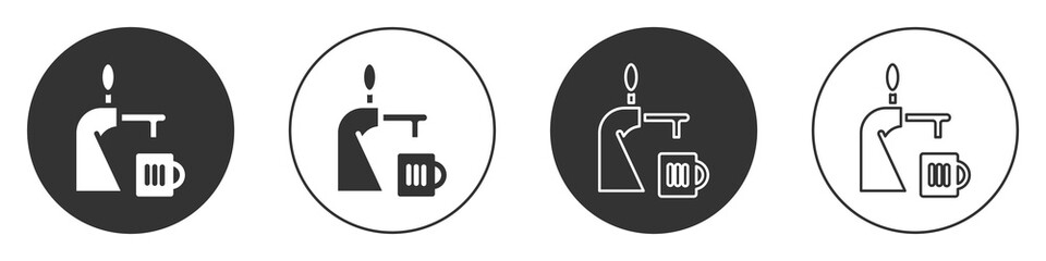 Black Beer tap with glass icon isolated on white background. Circle button. Vector Illustration.