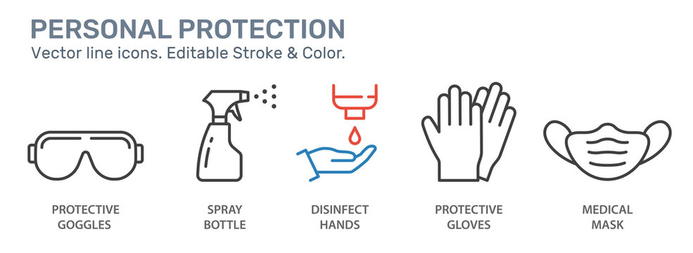Personal protection line icons set. Black vector illustration. Editable stroke.