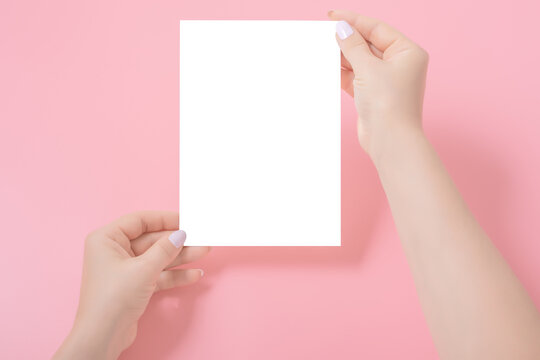 Manicured woman's hands holding postcard on pink background. Plain card mock up template.
