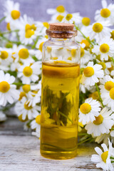 Obraz na płótnie Canvas Essential oil in glass bottle with fresh chamomile flowers, beauty treatment.