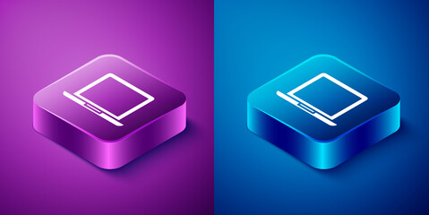 Isometric Laptop icon isolated on blue and purple background. Computer notebook with empty screen sign. Square button. Vector Illustration.