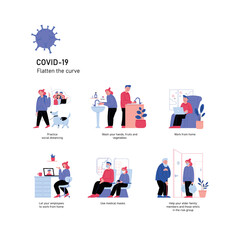 Illustrations set. Quarantine and covid-19 prevention.