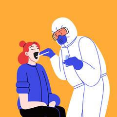 Flat illustration of a medical doctor wearing covid-19 protection suit treating patient