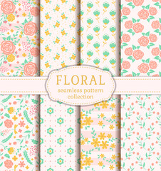 Floral seamless patterns. Collection of backgrounds with cute flowers. Vector set.