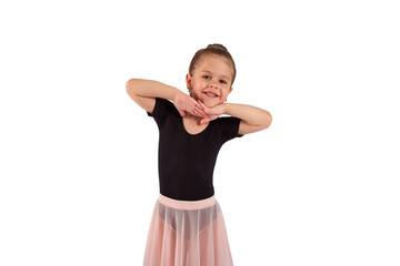 Portrait of cute little girl wearing dance suit, smiling and propping up her head with hands , isolated on white background