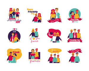Fototapeta premium happy friendship day celebration with people and icons set