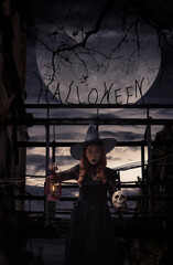 Obraz na płótnie Canvas Halloween witch holding ancient lamp and skull standing over damaged old wooden bridge, bird, dead tree, full moon with spooky cloudy sky, Halloween mystery concept