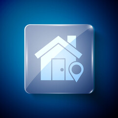 White Map pointer with house icon isolated on blue background. Home location marker symbol. Square glass panels. Vector Illustration.