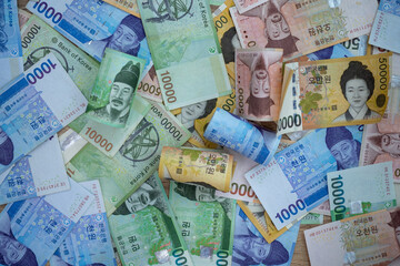 South Korean won and currency money exchange. background of  money.