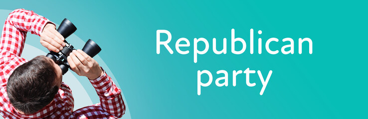 Naklejka premium Republican party. Businessman (man) looks through binoculars. Birds eye view. Focus on text. Blue Background. Business, Finance, Statistics, Analysis, Economy