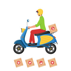 Fototapeta na wymiar A young male courier delivers boxes of various goods on a scooter. Isolated on white. The character is a man in a helmet riding a moped. Vector. Flat style. Illustration of the delivery concept.