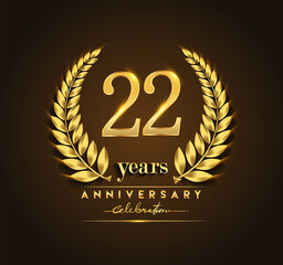 22nd gold anniversary celebration logo with golden color and laurel wreath vector design.