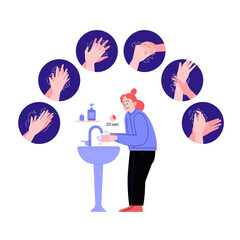 Illustrated step by step instruction how to wash your hands properly. Covid-19 hands hygene instruction. A woman washing hands