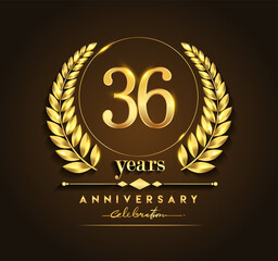 36th gold anniversary celebration logo with golden color and laurel wreath vector design.