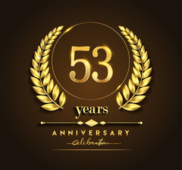 53rd gold anniversary celebration logo with golden color and laurel wreath vector design.