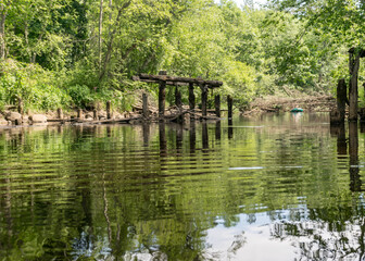 Fototapeta na wymiar a small forest river, old bridge site, old wooden logs in the water, low river calm, summer forest river reflection landscape.