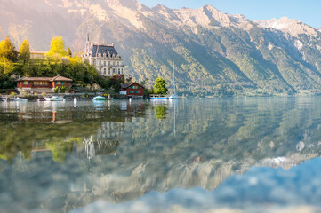 Fototapeta premium the insta-famous Seeburg Hotel in Iseltwald at Lake Brienz