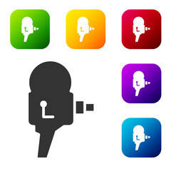 Fototapeta premium Black Retro cinema camera icon isolated on white background. Video camera. Movie sign. Film projector. Set icons in color square buttons. Vector Illustration.