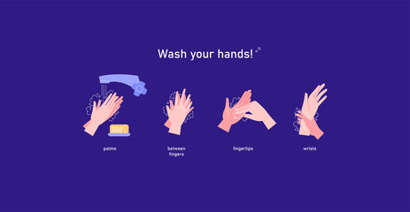 Illustrated step by step instruction how to wash your hands properly