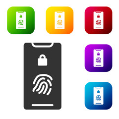 Black Smartphone with fingerprint scanner icon isolated on white background. Concept of security, personal access via finger on mobile. Set icons in color square buttons. Vector Illustration.