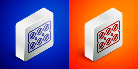 Isometric line Pills in blister pack icon isolated on blue and orange background. Medical drug package for tablet, vitamin, antibiotic, aspirin. Silver square button. Vector Illustration.