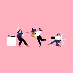 Flat illustration of people whearing earphones dancing while cleaning. Dancing with a mop, holding a brush