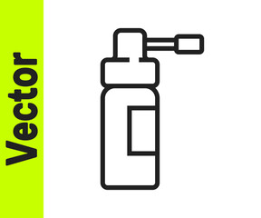 Black line Medical bottle with nozzle spray for the treatment of diseases of the nose and throat icon isolated on white background. Vector Illustration.