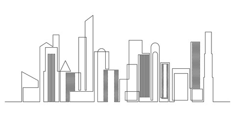 Obraz premium Abstract drawing of urban skyline in continuous line art drawing style. Modern cityscape black linear design isolated on white background. Vector illustration