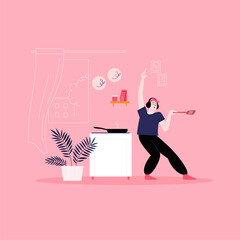 Flat illustration of a man whearing earphones dancing at the kitchen while cooking