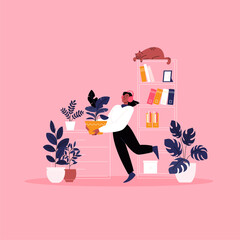 Flat illustration of a woman whearing earphones dancing with a houseplant