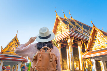 Beautiful asian tourist woman enjoy travel on Vacation in Bangkok at Thailand