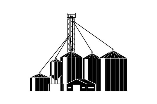 Grain elevator. Warehouse with silos for grain storage black design isolated on white background. Vector illustration