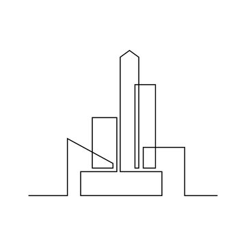 Abstract drawing of city buildings in continuous line art drawing style. Modern cityscape black linear design isolated on white background. Vector illustration