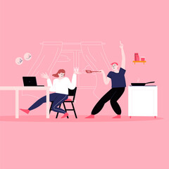 A couple dancing at the kitchen while cooking and working. Having fun at home