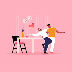 Young gay couple dancing at the kitchen. Pride month at home concept