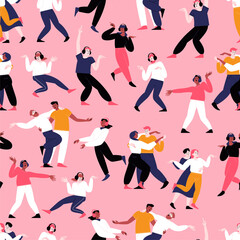 Seamless pattern. Many different people dancing solo and couple dances