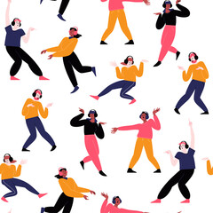 Seamless pattern. Many different people dancing solo whearing earphones