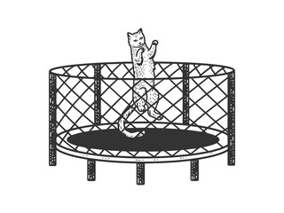 Fototapeta na wymiar cat jumps on a trampoline sketch engraving vector illustration. T-shirt apparel print design. Scratch board imitation. Black and white hand drawn image.