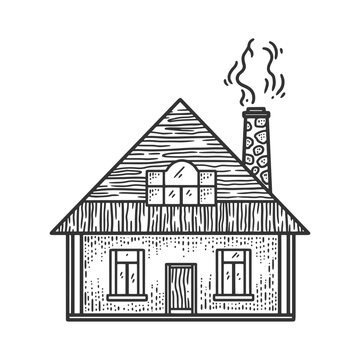 rural small house sketch engraving vector illustration. T-shirt apparel print design. Scratch board imitation. Black and white hand drawn image.