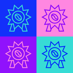 Pop art line Medal for coffee icon isolated on color background. Premium quality coffee badge. Vector Illustration.