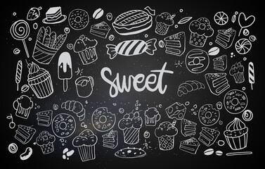 Set of drawings on the theme cakes. Cakes, pies, bread, Desserts, sweets, ice cream, muffin and other confectionery products. vector illustration